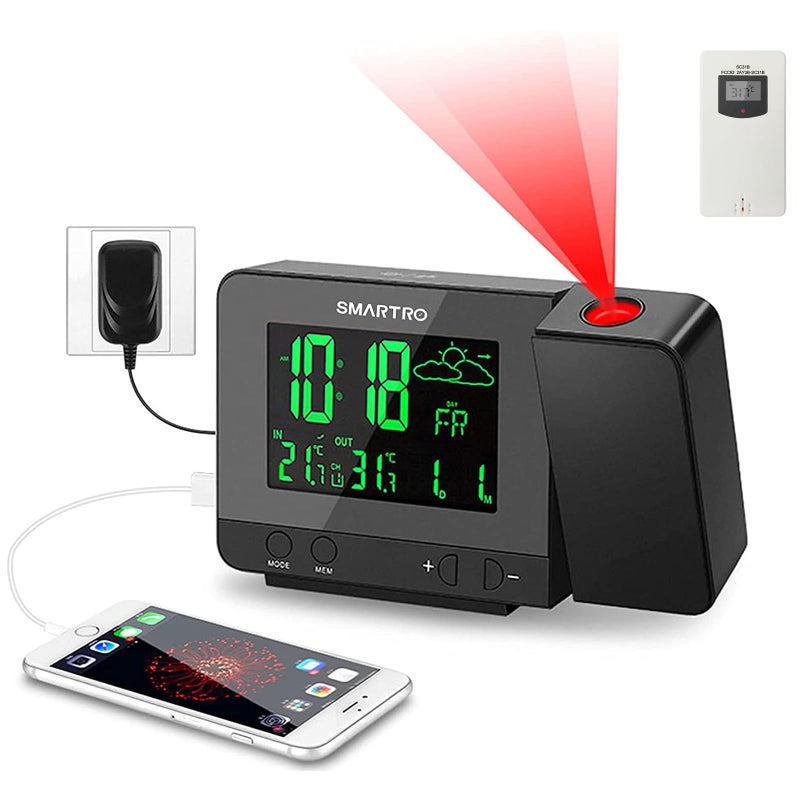 SMARTRO SC31B Digital Projection Alarm Clock with Weather Station, Indoor Outdoor Thermometer for Bedrooms, USB Charger, AC Battery Operated - Image 1